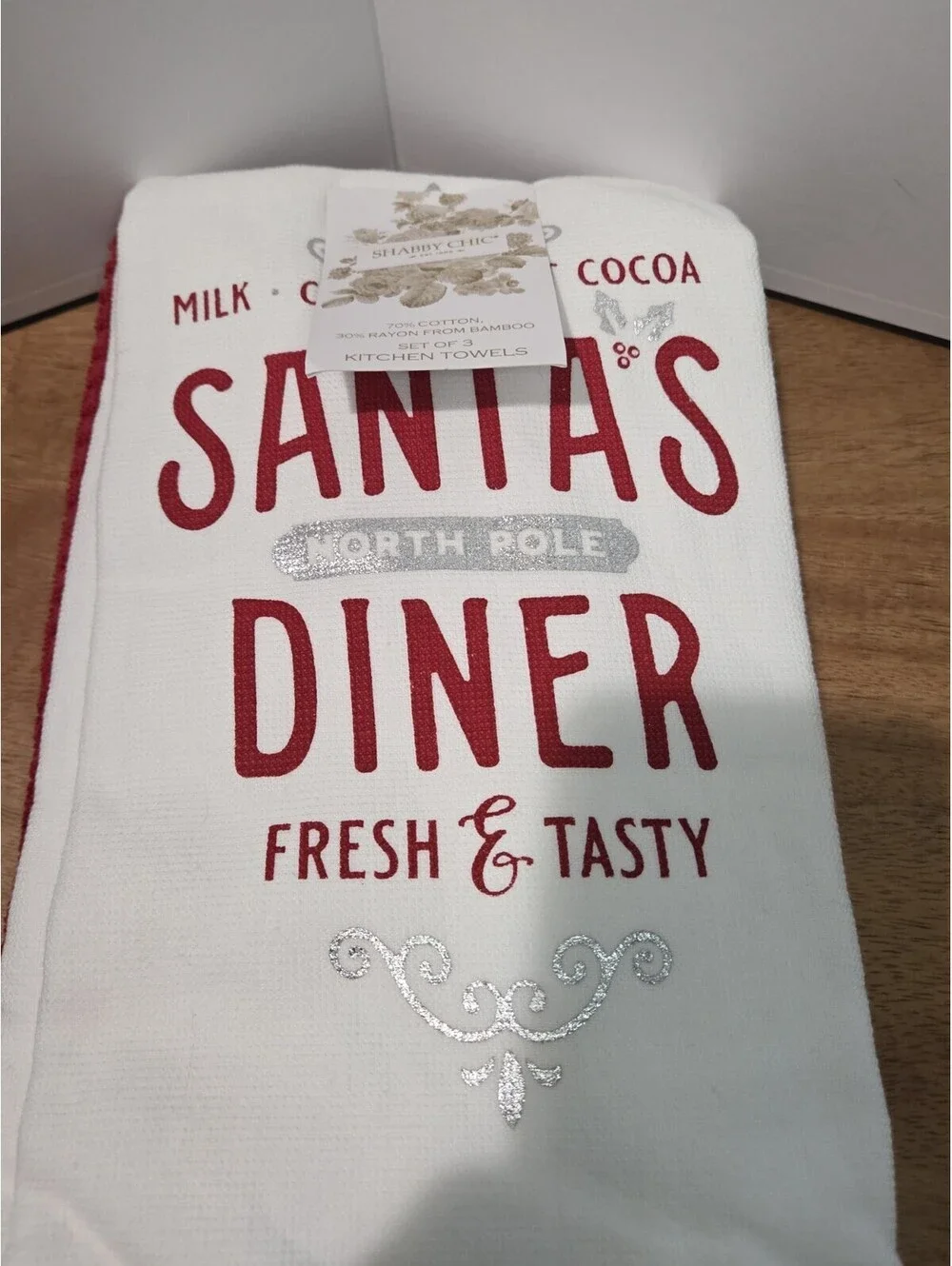 Shabby Chic Santa's North Pole Diner Kitchen Towels Set Of 3 Christmas...